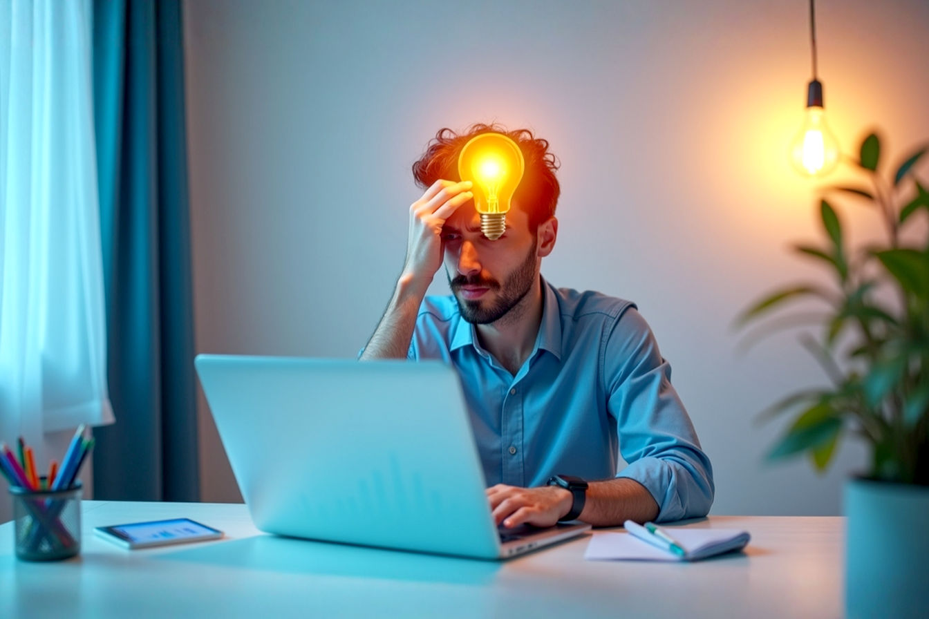 Lifelike, professional photography style: A slightly frustrated but determined person sitting at a clean, modern desk with a laptop displaying a generic website analytics graph. A single, bright lightbulb icon is subtly illuminated above their head, symbolizing a 'breakthrough' idea. The mood is optimistic and focused, with soft, natural lighting. The background is slightly blurred, keeping the focus on the person and the laptop. Colors should be professional yet inviting (e.g., blues, greys, with a warm accent).