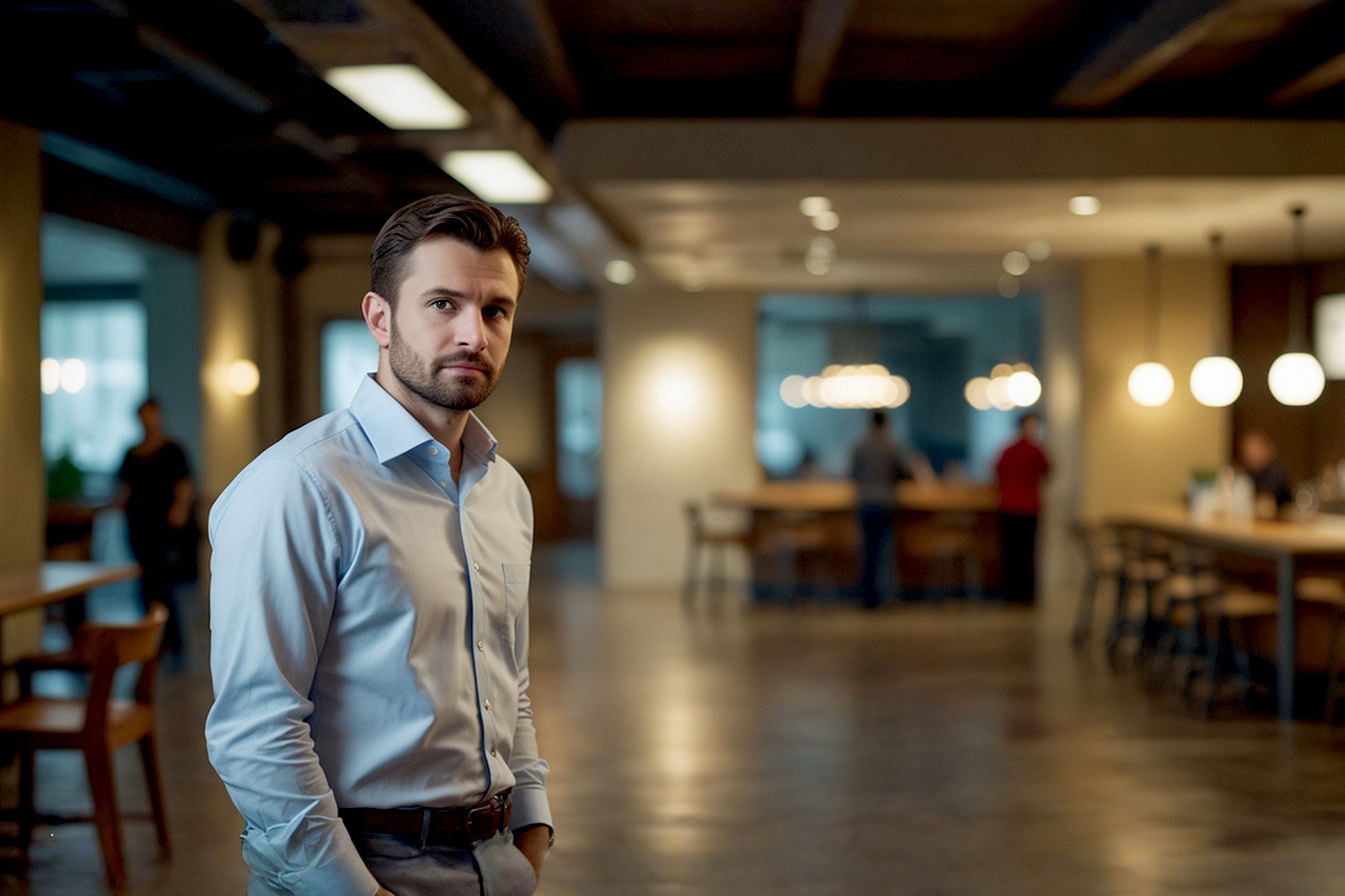 A business person dressed in smart-casual modern attire, stands thoughtfully, weighing up the pros and cons between affiliate marketing and ppc advertising for his business.