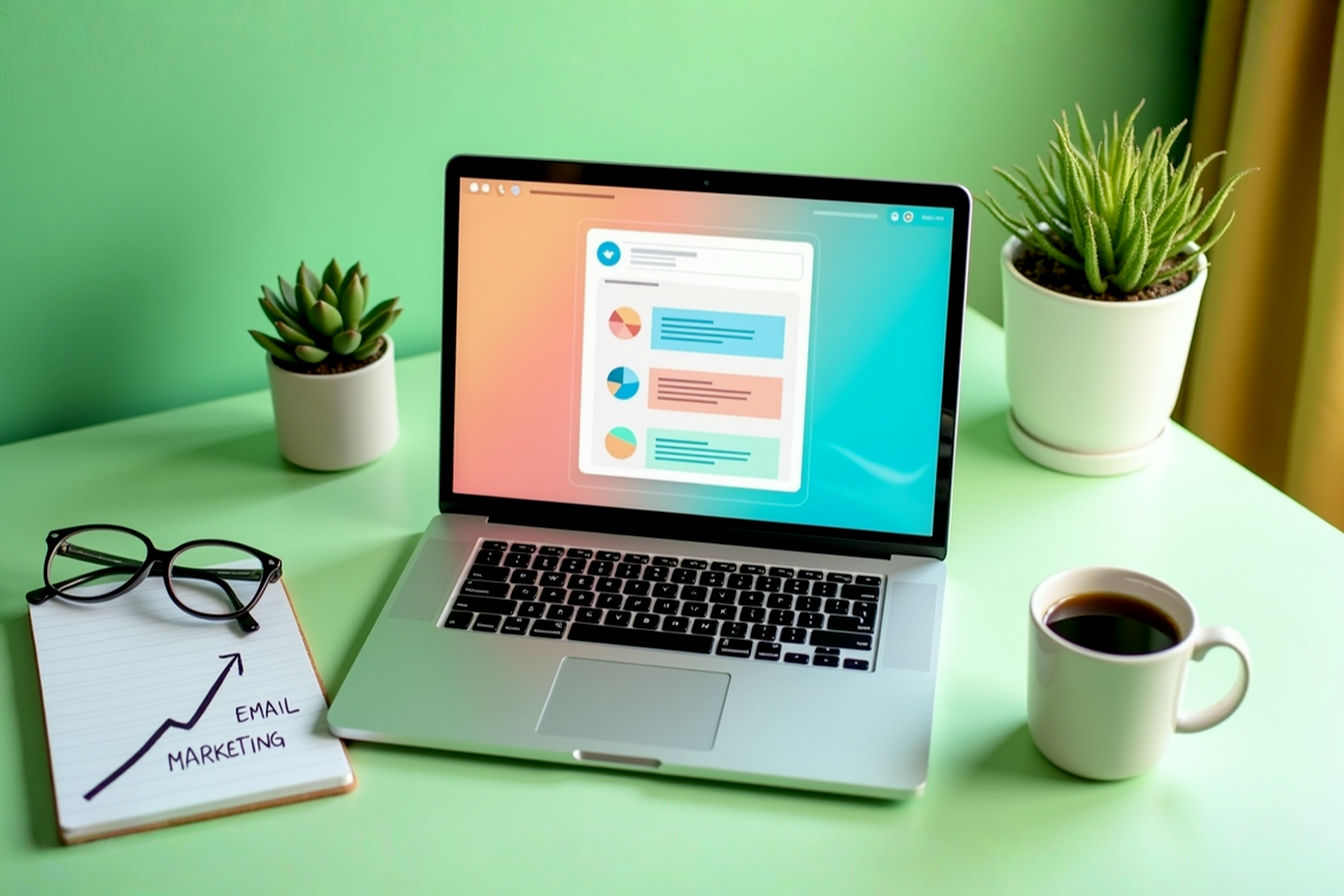 Professionally styled, vibrant flat lay photo showcasing a clean, modern desk setup. Central focus on a sleek laptop screen displaying a colorful, user-friendly email marketing dashboard interface (generic, no specific brand logos). Surrounding the laptop, include subtle, related items like a notepad with a hand-drawn upward graph, a stylish coffee mug, a pair of modern glasses, and a small potted succulent. The overall aesthetic should be bright, inviting, and convey themes of productivity, digital marketing, and growth. Use soft, natural lighting with a slightly warm tone. Shot from directly above (top-down view). Realistic, high-detail, pro photography quality.