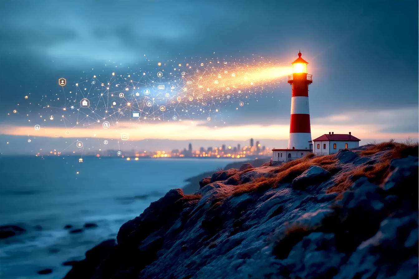 Pro photography, lifelike, dynamic shot: A sturdy, well-lit lighthouse (symbolizing authority and guidance) with its powerful beam of light cutting through a slightly misty, dark blue dawn sky. The light beam subtly transforms into interconnected digital nodes or a flowing stream of diverse content icons (e.g., blog page, video play button, podcast mic, social media icon) that arc gracefully towards a thriving, subtly illuminated city skyline in the distance (symbolizing the audience/market). The overall mood is inspiring, trustworthy, and technologically advanced. Focus on the lighthouse and the light beam transformation. Golden hour lighting accents on the lighthouse. High resolution, detailed, cinematic.
