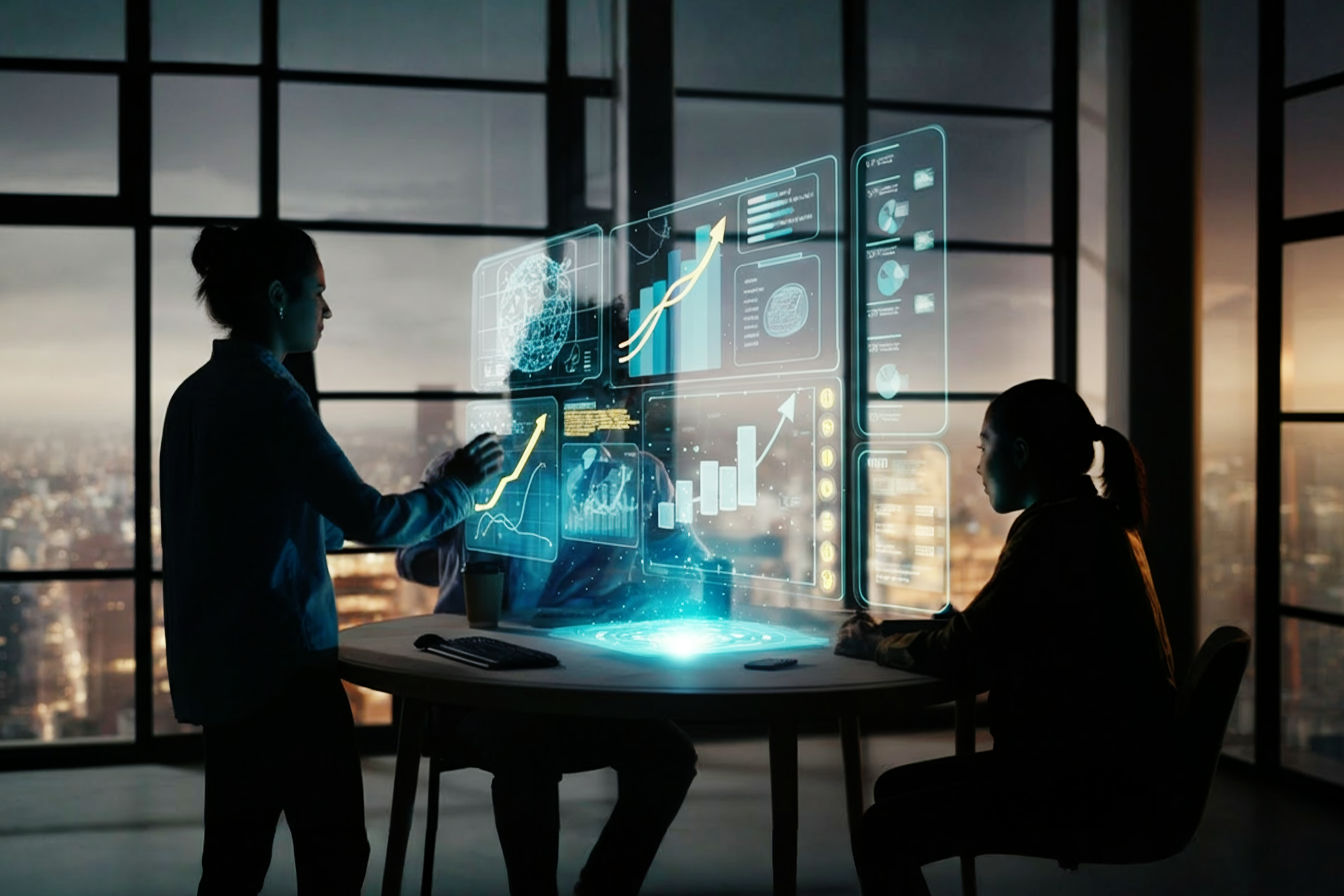 Dynamic, vibrant shot of a small, diverse startup team collaborating energetically around a glowing holographic projection displaying growth charts and content ideas. Bright, modern office setting with large windows and city views. Focus on a sense of rapid upward momentum and innovation. Lifelike, professional photography style, cinematic lighting, shallow depth of field focusing on the team's engaged faces.