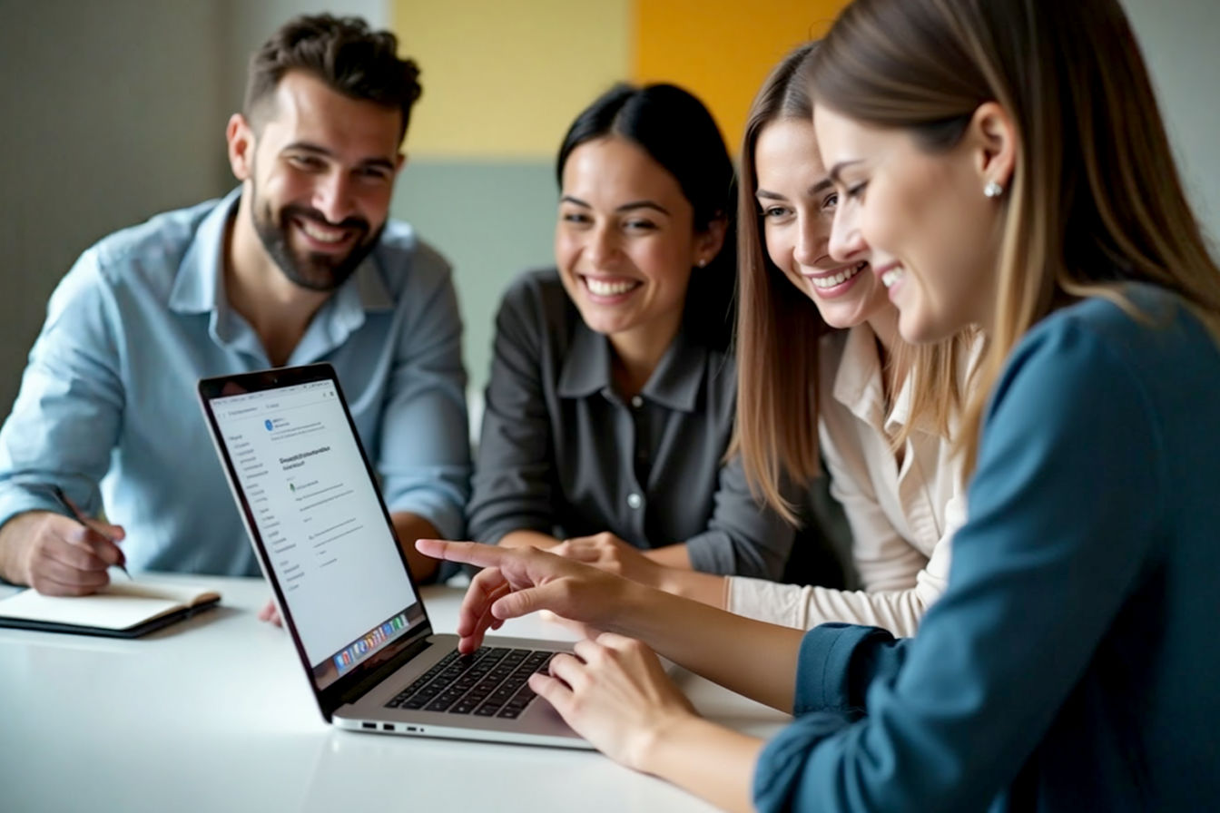Professional, lifelike photograph depicting a group of people (around 3-4 individuals) gathered around a modern laptop in a bright, clean office or co-working space. They are smiling and collaborating, looking at an email interface on the screen that subtly suggests positive engagement (perhaps a clean inbox or an email with a friendly tone). One person is gently pointing to the screen. The overall mood should be optimistic, trustworthy, and professional, emphasizing ethical communication and successful online business. Soft, natural lighting. Depth of field with the laptop screen as a focal point, but faces still clear.