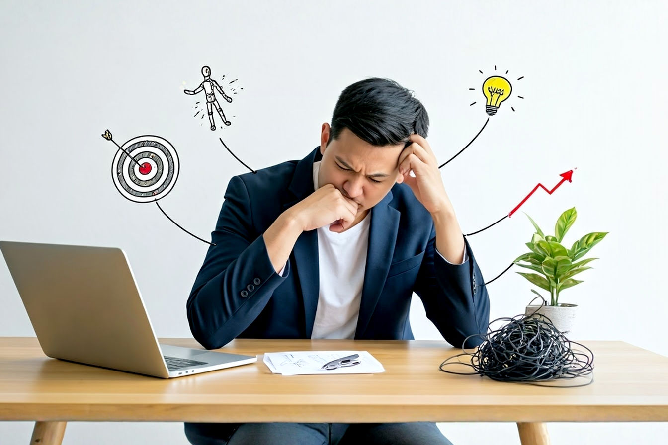 Professional, lifelike photograph depicting a frustrated but determined individual sitting at a modern, clean desk with a laptop. The laptop screen shows a confusing graph trending downwards. Around the person, subtle visual cues represent the '5 mistakes': a slightly off-target dartboard (niche), a faceless mannequin (audience), scattered messy papers (content), tangled wires (link promotion), and a slow-growing plant (patience/tracking).