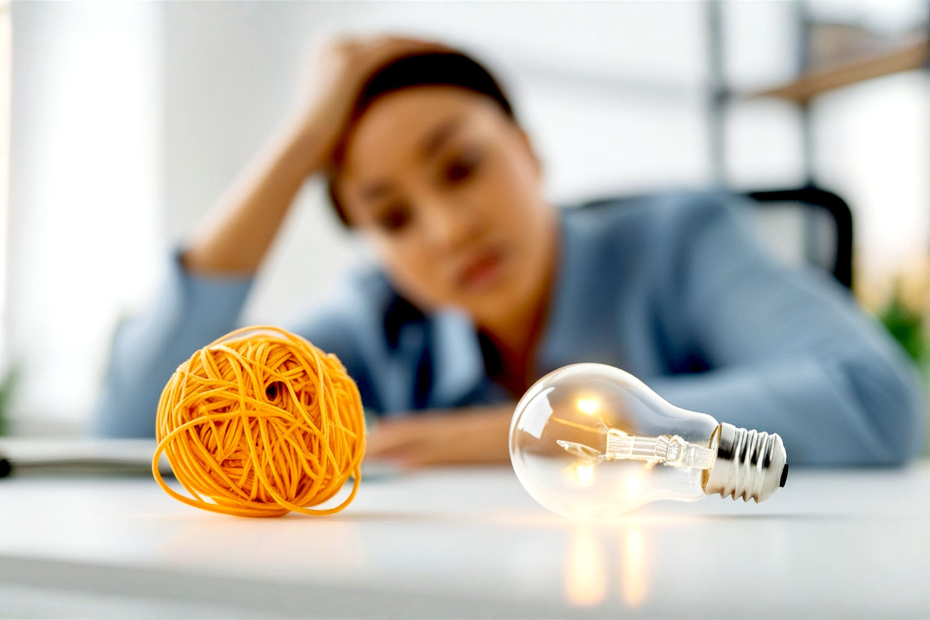 Professional, lifelike business photography. A slightly frustrated but determined person sits at a modern office desk, looking at a tangled mess of colorful threads (representing a chaotic PR strategy) on one side. On the other side of the desk, three of these threads are being neatly untangled and straightened, leading towards a clear, illuminated lightbulb symbolizing a solution or clarity. The mood should be optimistic and problem-solving. Soft, natural office lighting, shallow depth of field focusing on the threads and lightbulb.