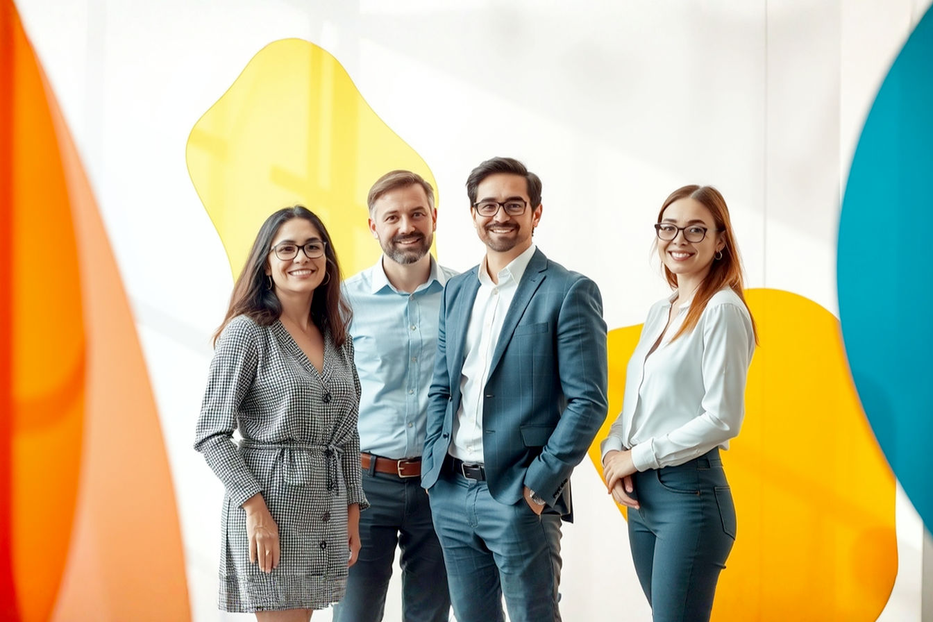 Professional, lifelike photograph depicting B2B professionals. The scene should convey innovation, teamwork, and customer-centricity in a bright, contemporary office setting. Focus on a sense of positive energy and strategic thinking. Natural lighting, depth of field.