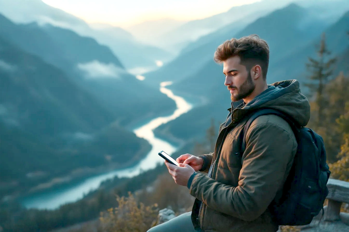Lifelike, professional travel photography style: A determined-looking person in their late 20s/early 30s, stands confidently on a scenic viewpoint overlooking a breathtaking, slightly misty mountain valley with a winding river below. They are holding a modern smartphone or tablet, looking thoughtfully at the screen which subtly glows, symbolizing online work/affiliate marketing. The overall mood is inspiring, adventurous, and hints at success and freedom. Soft, golden hour lighting. Focus on the person with the background slightly blurred to emphasize them.