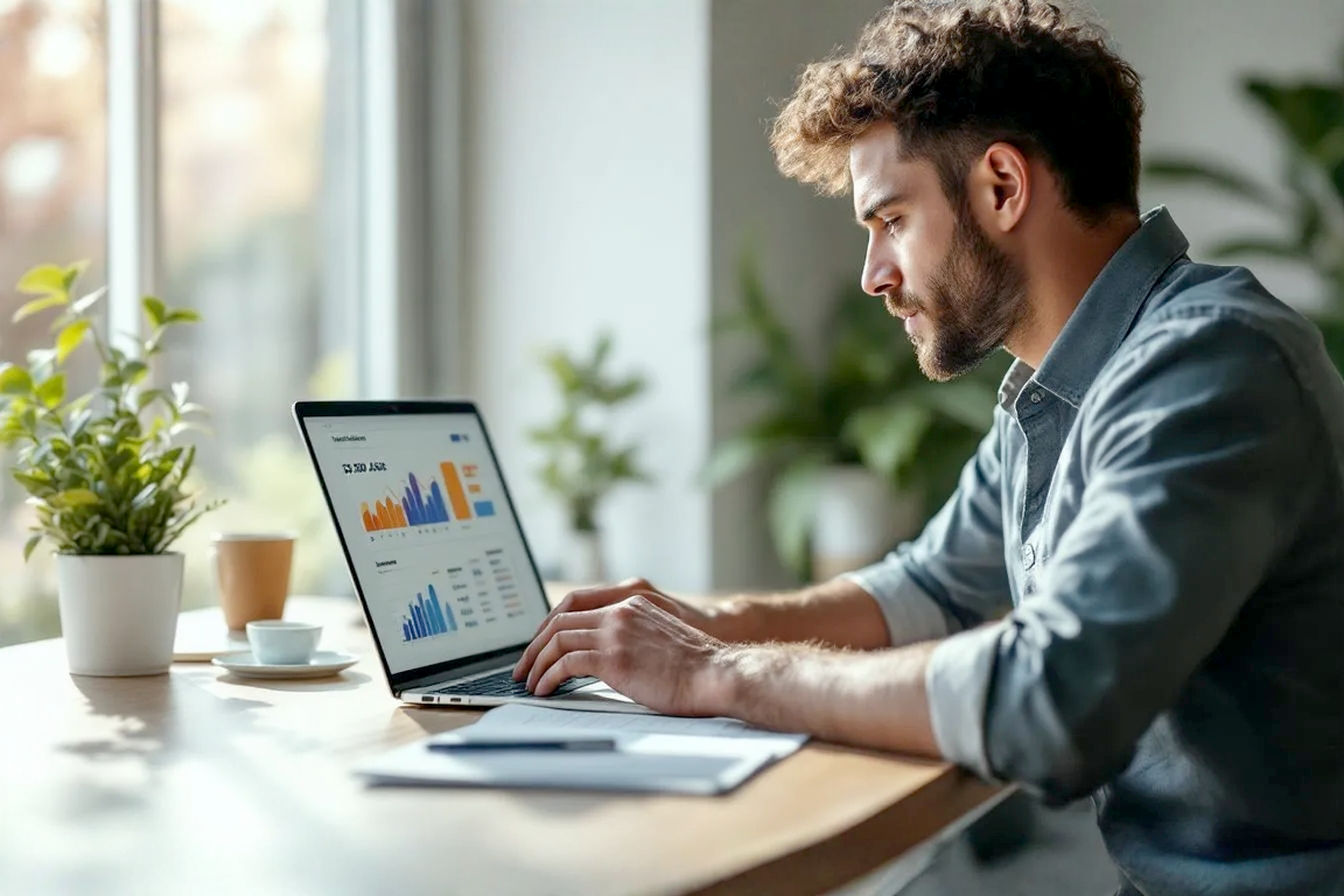 Lifelike pro photography style image: A small business owner, looking determined and optimistic, works on a laptop at a sunlit, modern desk. On the laptop screen, a stylized, colorful social media ads dashboard interface is visible, showing positive performance graphs and engagement icons. The overall mood is inspiring, focused, and tech-savvy, subtly illustrating growth and smart budget management for online advertising. Soft-focus background of a neat small office or co-working space