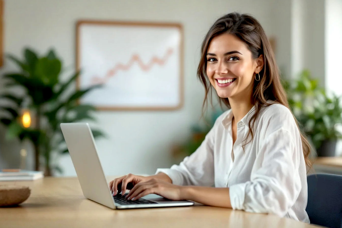 Lifelike pro photography style image: A small business owner, perhaps in a vibrant, modern co-working space or a neat small office, smiling confidently while working on a laptop. The screen shows a glimpse of a content calendar or a blog post draft. Soft, natural lighting. The background subtly suggests creativity and growth (e.g., a thriving plant, a whiteboard with positive trend lines). Focus on an optimistic and resourceful atmosphere.