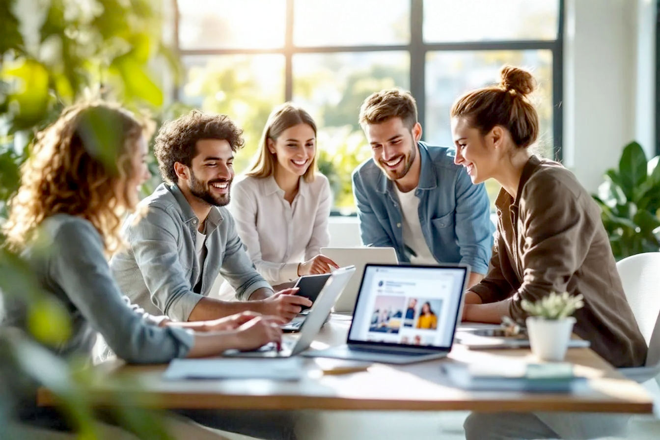 Lifelike, professional photograph depicting a team of young, creative professionals collaborating around a modern, sunlit office table. On the table are laptops and tablets displaying cohesive social media profiles (mockups with consistent color schemes, logos, and imagery styles across different platform interfaces. One person is pointing to a screen, smiling, suggesting a successful branding outcome. The overall mood is positive, innovative, and collaborative. Focus on clear, bright lighting and a slightly blurred background to emphasize the team and screens. Style: Modern corporate, aspirational, clean.