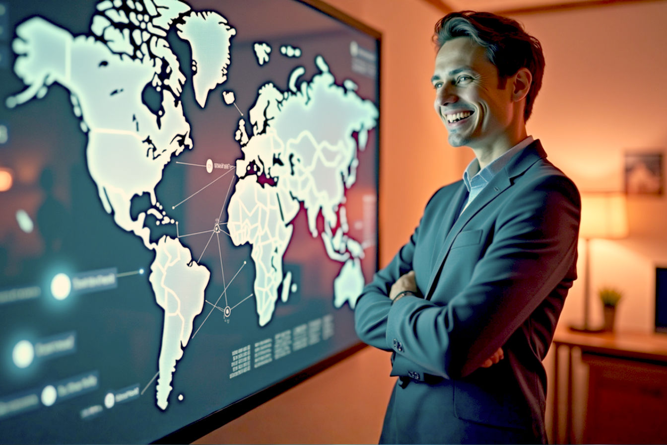 Professional corporate photography style: A confident PR executive stands before a large, semi-transparent digital screen displaying a glowing world map with interconnected nodes representing global media reach. News snippets and positive media icons are subtly overlaid. The executive is looking towards the viewer with a slight smile, conveying success and control. Warm, inviting office environment in soft focus in the background. The overall mood should be sophisticated and forward-thinking.