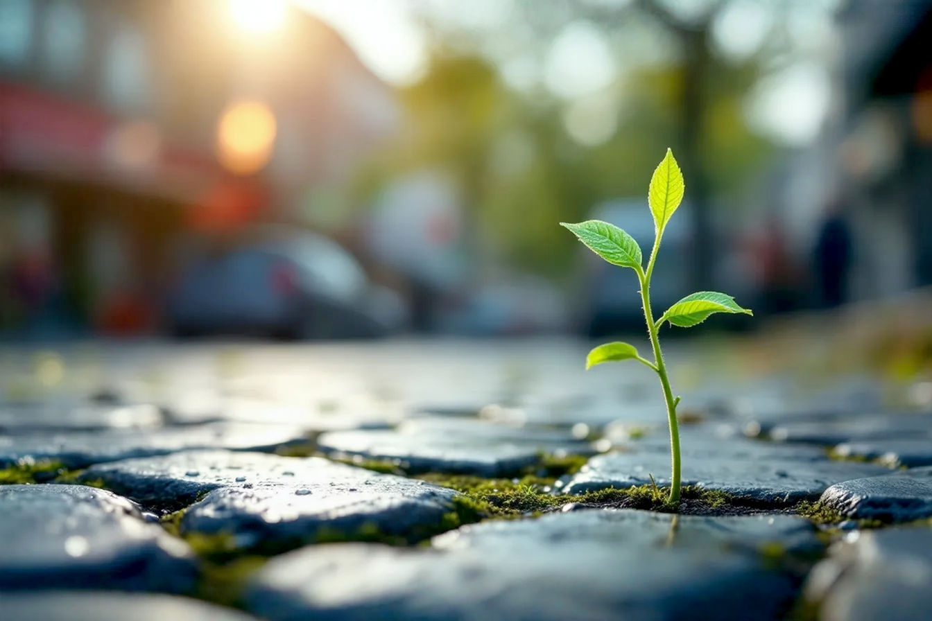 Professional, lifelike photograph, bright and optimistic tone. A single, vibrant green sprout emerges from a crack in a crowded, gray, cobblestone street. The sprout is sharply in focus, with the blurred background suggesting a bustling, competitive urban environment. Subtle sunlight catches the dew on the sprout's leaves. Represents growth, success, and standing out in a challenging market.