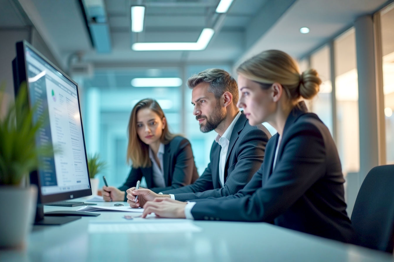 Professional, lifelike photograph depicting a team of business professionals in a modern office collaboratively working on a B2B social media strategy. The atmosphere is focused, innovative, and positive. Soft, natural lighting. Depth of field with the screen in sharp focus.