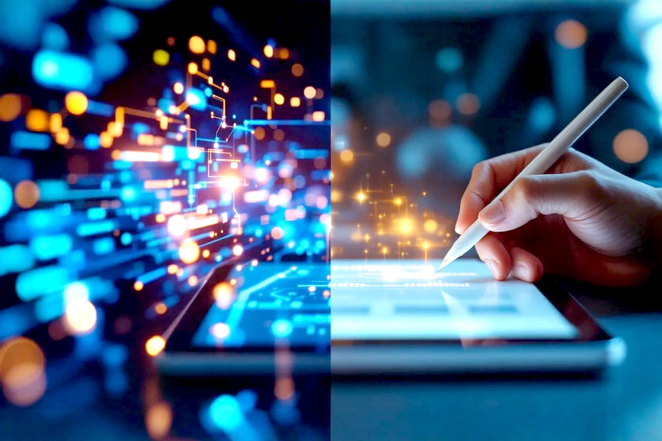 Professional, lifelike photograph depicting a split scene: on one side, a sleek, modern AI interface or abstract representation of glowing data streams. On the other side, a creative marketer's hand thoughtfully refining a digital document on a tablet, perhaps adding a subtle, warm, human-like design element or annotation. The two sides should feel collaborative and integrated. Overall mood: optimistic, innovative, focused on high-quality, authentic communication. Bright, clean studio lighting, shallow depth of field focusing on the human hand and the point of interaction with the technology. Style: modern business, tech-forward but distinctly human-centric.