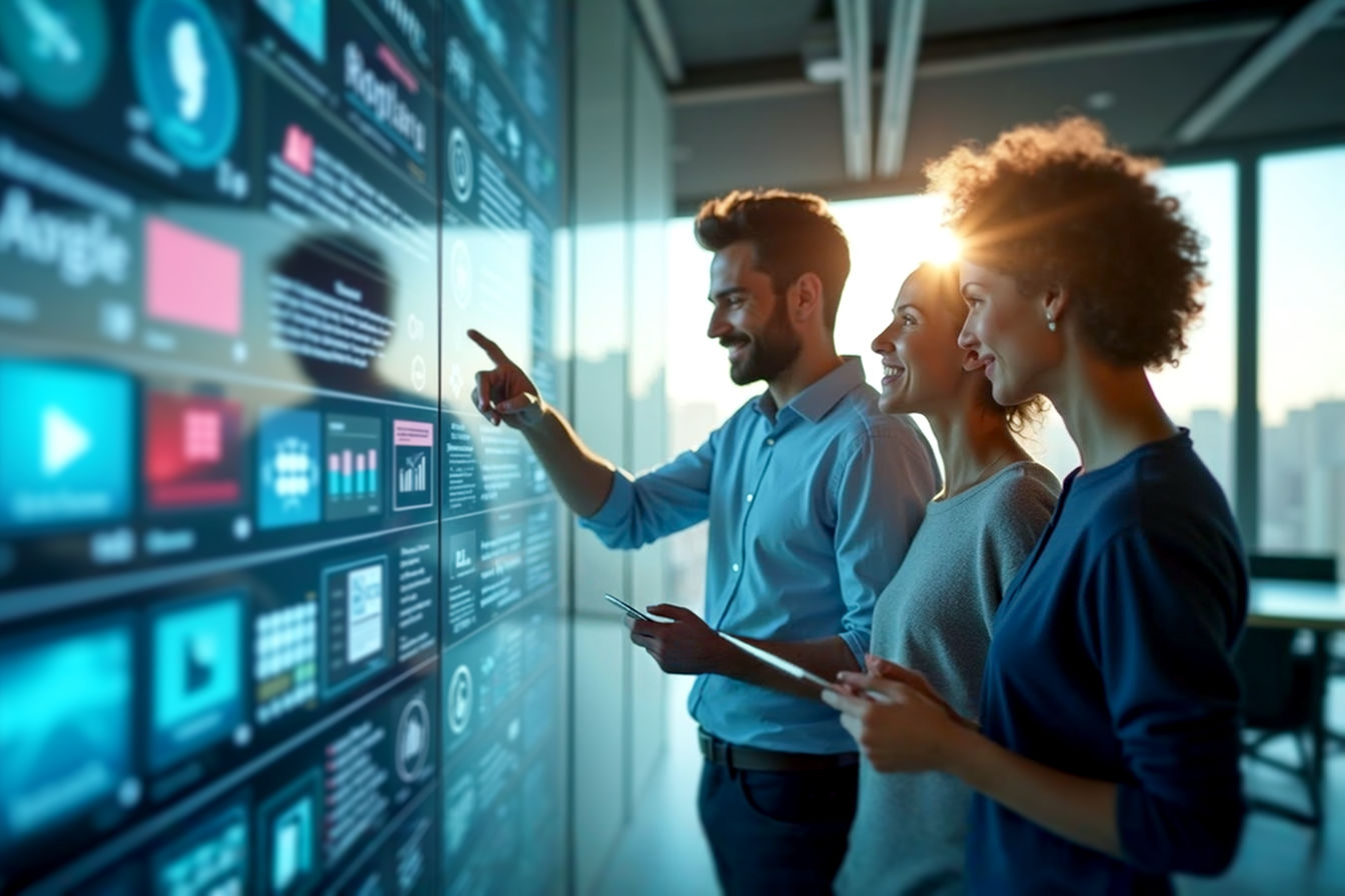 Lifelike pro photography style, dynamic shot: A team of three marketing professionals in a modern, bright office, collaboratively interacting with a large, futuristic holographic interface displaying various AI-generated ad creatives (vibrant images, sleek text layouts, video snippets). One professional is pointing at the hologram, another is thoughtfully observing, and the third is smiling and typing on a sleek tablet. The mood is innovative, optimistic, and focused. Soft, natural light fills the room, with subtle lens flare effects. Emphasize the human-AI collaboration and the cutting-edge nature of advertising technology. Depth of field, sharp focus on the team and the holographic elements.