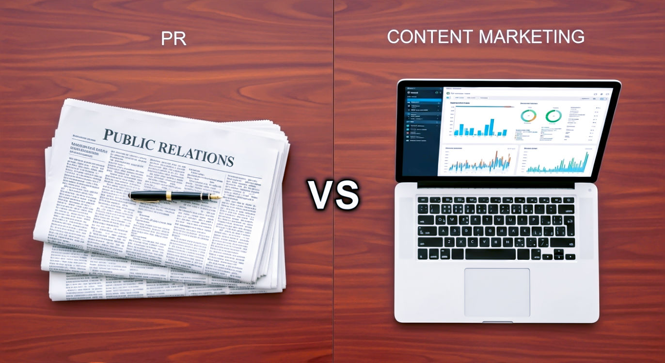 A crisp, symbolic professional photograph illustrating the strategic choice between PR and content marketing. The subject is a polished mahogany table viewed from above. On one side, a classic fountain pen rests on a stack of neatly folded, prominent newspapers. On the other side, a modern laptop displays a vibrant, data-rich analytics dashboard. The lighting is clean and balanced, highlighting the contrast between the two toolsets. The composition is a perfectly symmetrical flat-lay, evoking a sense of strategic decision-making, precision, and a critical turning point.