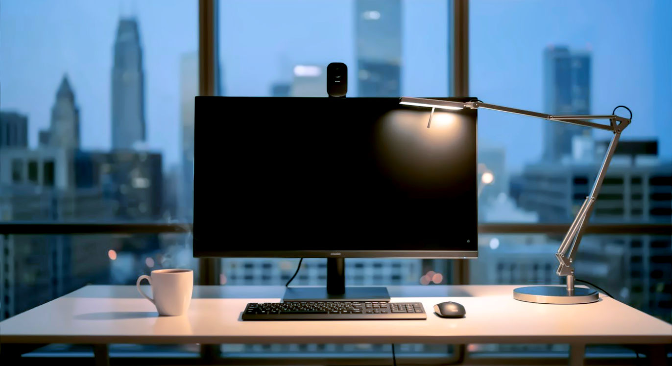 A hyper-realistic, wide-angle shot of a premium home office setup in a modern Chicago high-rise apartment. The Insta360 Link 2 is mounted elegantly atop a sleek, ultra-wide monitor. In the background, floor-to-ceiling windows show a soft-focus Chicago skyline at twilight. The desk features a minimalist keyboard, a steaming cup of coffee, and soft warm lighting from a designer desk lamp, creating a professional and sophisticated atmosphere.