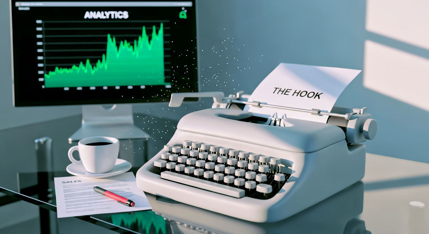 A hyper-realistic, cinematic photograph of a vintage typewriter sitting on a sleek, modern glass desk. In the background, a digital monitor glows with a green analytics chart showing a massive spike in sales. Lighting: "Golden hour" sunlight streaming through a window, illuminating floating dust motes and hitting the chrome keys of the typewriter. Props: A cup of black coffee and a red marker pen resting on a printed sales letter. High resolution, 8k, shallow depth of field focusing on the paper in the typewriter which reads "THE HOOK".