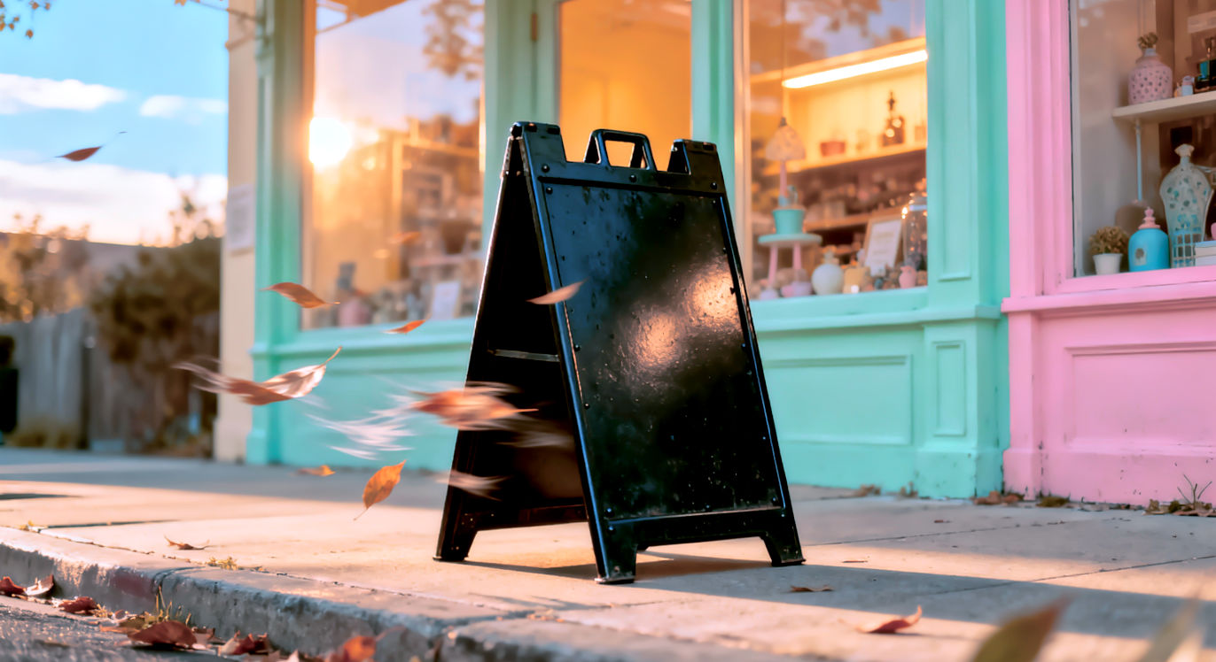 A hyper-realistic, cinematic photograph of a rugged black powder-coated steel A-frame sign standing firm on a windy urban sidewalk. Leaves are blowing past it, blurring in motion, but the sign is immovable. Golden hour lighting hitting the matte metal texture. In the background, a blurry storefront with warm window light. High resolution, 8k, detailed texture, shallow depth of field.