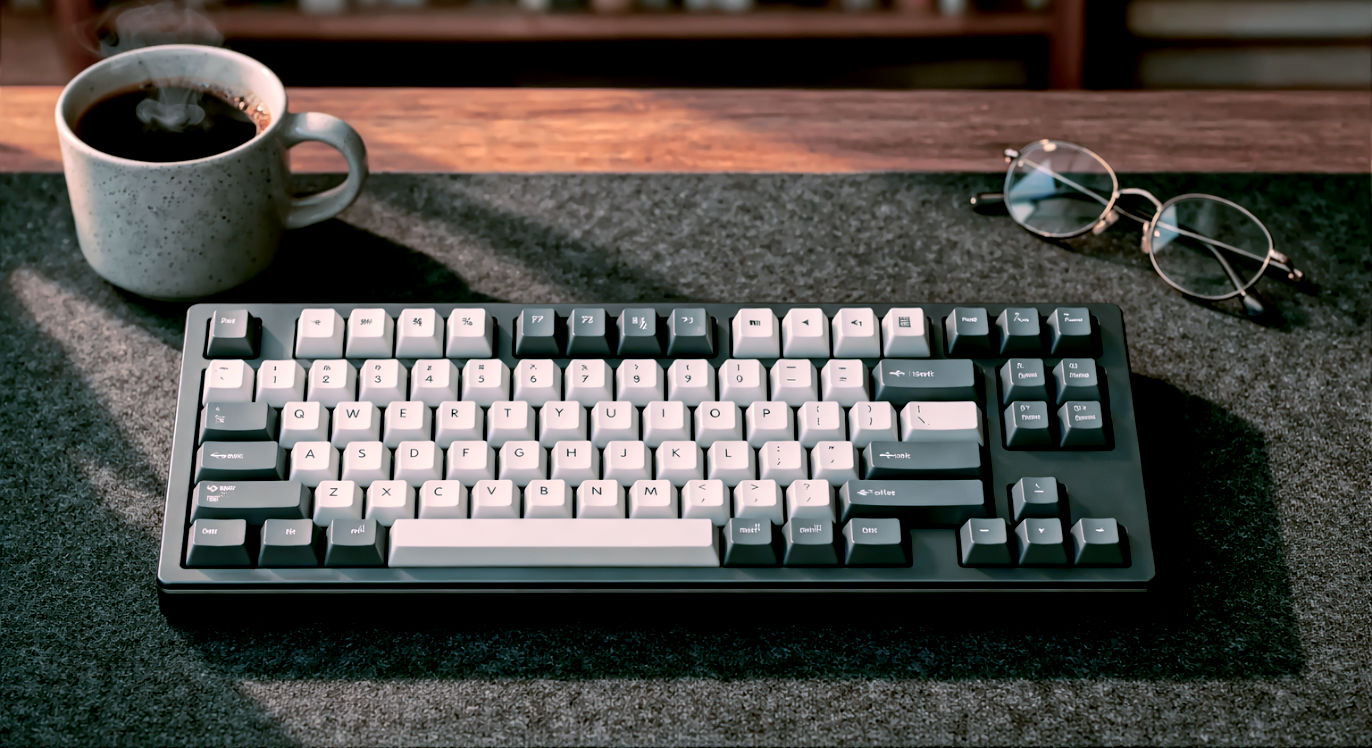 A hyper-realistic, high-resolution top-down photograph of a minimalist writer's desk setup. In the center sits a premium 75% mechanical keyboard with matte grey and chalk-white keycaps, resting on a dark felt desk mat. To the side is a steaming ceramic mug of coffee and a pair of wire-rimmed reading glasses. The lighting is soft, natural morning sunlight streaming from the left, casting long, gentle shadows that highlight the texture of the keycaps. The depth of field is shallow, keeping the keyboard in sharp focus while blurring the cozy bookshelf in the background. The aesthetic is "productivity" not "gamer"—no RGB lighting, just clean, industrial design.